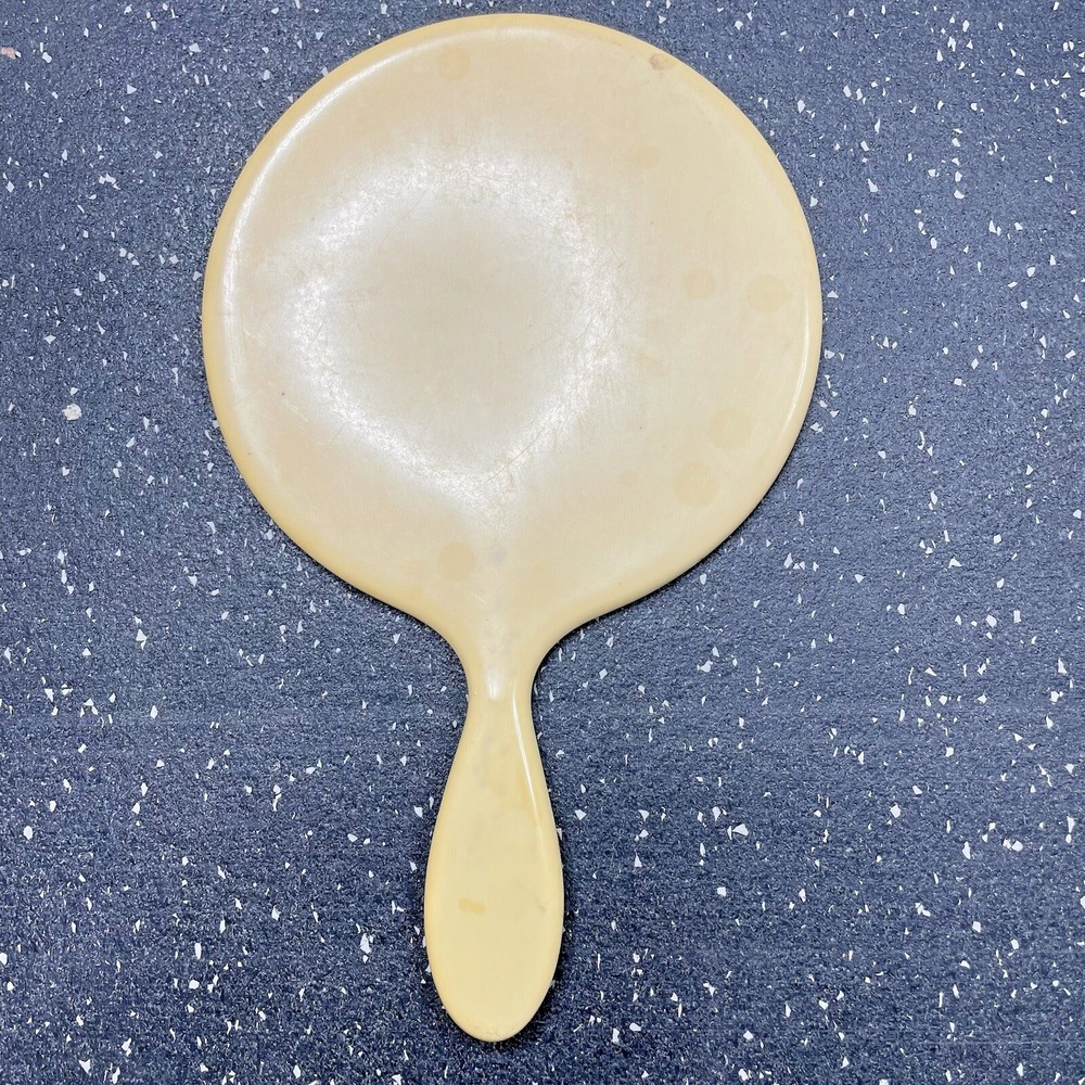 Vtg MCM French Ivory Celluloid Round Beveled Vanity‎ Hand Mirror 12 1/2" England